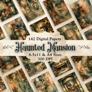 May include: A collection of 142 digital papers titled Haunted Mansion, featuring various gothic illustrations of architecture, figures, and landscapes in muted tones. The text includes 142 Digital Papers, Haunted Mansion, 8.5x11 & A4 Sizes, 300 DPI.