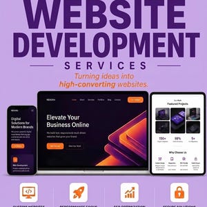 Może przedstawiać: Grafika promocyjna usług tworzenia stron internetowych przedstawiająca laptopa, tablet i smartfon z interfejsem witryny. Fioletowe tło zawiera tekst, taki jak Shopify, Website Development Services oraz ikony dotyczące niestandardowych stron, wydajności, SEO i bezpieczeństwa.