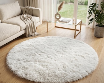 Round Rug, White, Grey And Pink Hand Tufted Rug, Fluffy Wool Bedroom Rug, Modern Neutral Round Rug, Small Area Rug, Soft Cozy Floor Decor
