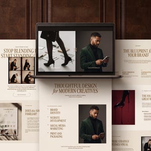 Peut inclure: Un écran d'ordinateur portable affichant une mise en page de site web avec un blazer vert foncé, un col roulé noir et du texte incluant "THOUGHTFUL DESIGN for MODERN CREATIVES," "BRAND IDENTITY," "WEBSITE DEVELOPMENT," "SOCIAL MEDIA MARKETING."