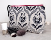 Large makeup bag with Art Deco print/ navy cosmetic bag