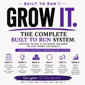 May include: A white infographic titled BUILT TO RUN GROW IT. The text reads THE COMPLETE BUILT TO RUN SYSTEM. It includes six purple icons labeled CHECK IT, LEARN IT, BUILD IT, RUN IT, POST IT, and GROW IT, each with descriptive text below.