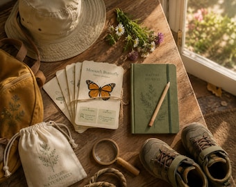 May include: A set of nature study cards featuring a Monarch butterfly, a green Nature Journal with a wooden pencil, a beige drawstring bag labeled Future Naturalists, a tan bucket hat, a magnifying glass, and a pair of olive hiking shoes.