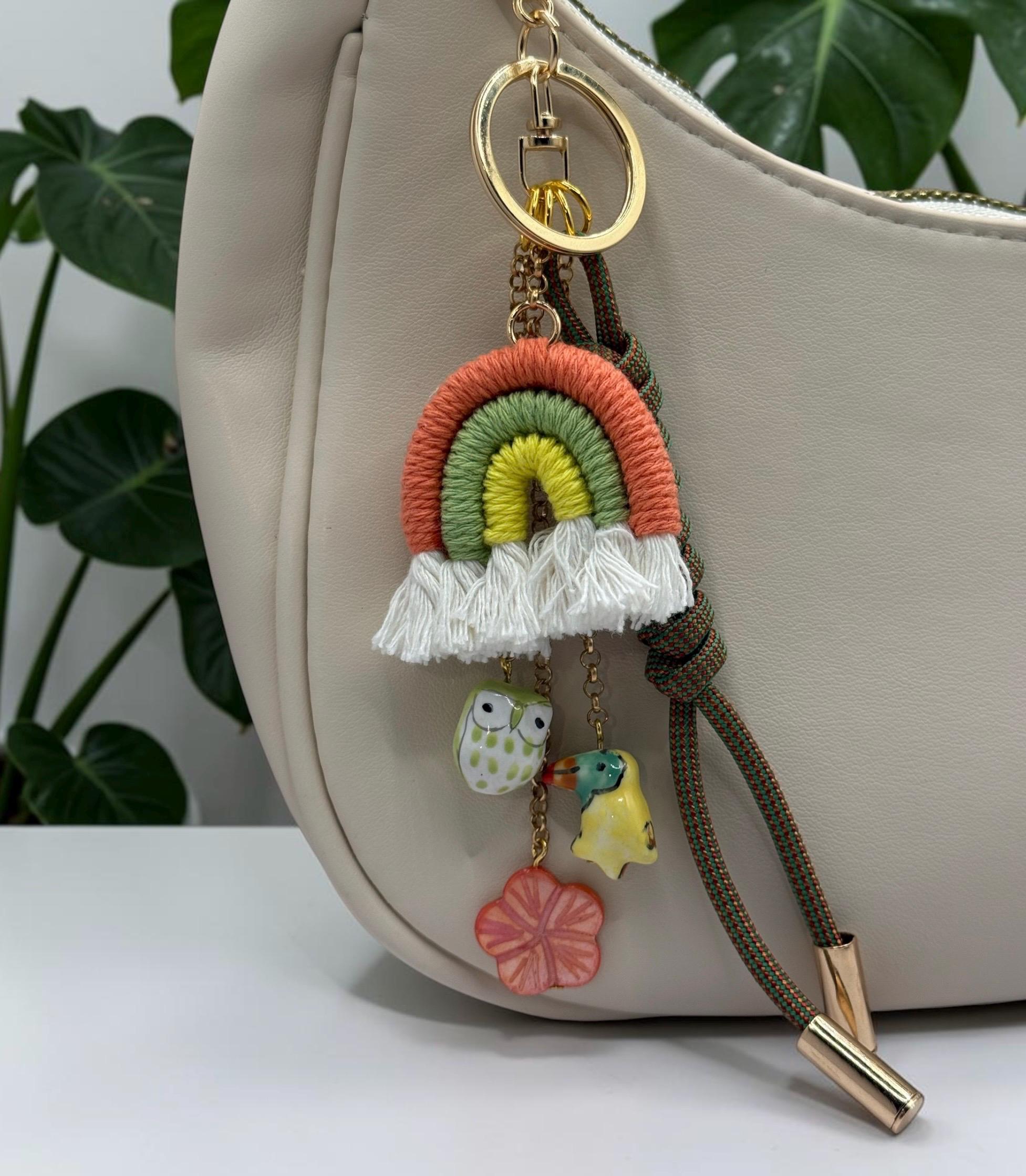 Rainbow Owl Bird Charm &bull; Boho Purse Accessory &bull; Braided Cord Keychain