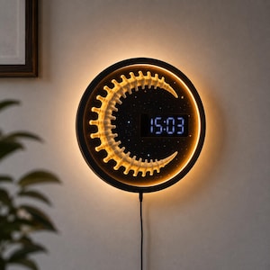 Op de afbeelding: Een ronde wandklok met een zwarte rand en een donkere, sterrenhemel-achtergrond. Een driedimensionale, beige, ruggengraatachtige sikkelvorm wordt van achteren warm verlicht. Een digitaal display toont de tijd als 15:03 in blauw licht.