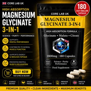 May include: A black and yellow pouch of Core Lab UK Magnesium Glycinate 3-in-1 food supplement. The label lists 1800mg, 180 easy swallow capsules, and ingredients including glycinate, malate, and citrate. Four white capsules are placed in front of the pouch.