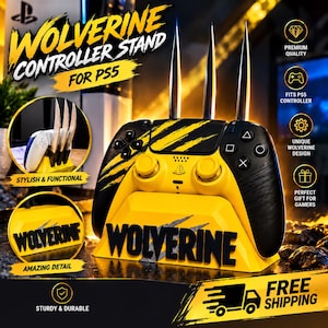 May include: A yellow and black controller stand for PS5 featuring three silver claw-like blades extending from the top. The base is marked with the text WOLVERINE in bold black letters, and the stand is designed to hold a gaming controller.