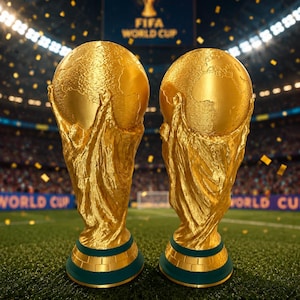 May include: Two gold-colored FIFA World Cup trophies featuring a globe supported by two figures with raised arms. Each trophy has a dark green base with a brick-like pattern. The trophies are positioned on a green field with confetti falling.