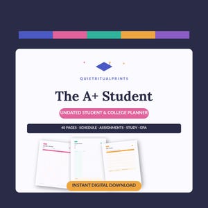 Puede incluir: Un planificador digital para estudiantes y universidad titulado The A+ Student de Quietritualprints. La portada blanca presenta un icono de birrete, un cuadro de texto rosa y una barra azul oscuro que enumera 40 páginas, horario, tareas, estudio y GPA.