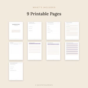 Könnte beinhalten: Ein Set aus neun bedruckbaren Journal-Seiten in Weiß mit schwarzem Text und violetten Akzenten. Die Seiten enthalten Überschriften wie Manifestation Journal, My Manifestation Goals, Daily Manifestation Ritual, Manifestation Review, Daily Log, Gratitude List und Affirmations.