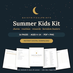 Könnte beinhalten: Ein digitales Summer Kids Kit mit 16 Seiten für Aufgaben, Routinen, Belohnungen und Aktivitäten für Kinder von 4-14 Jahren. Der dunkelblaue Hintergrund zeigt eine goldene Mondsichel, den Text QuietRitualPrints und fünf weiße Dokumentenseiten.