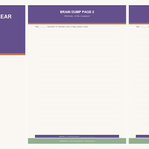 Könnte beinhalten: Ein Set aus drei druckbaren Planerseiten mit einem violetten Kopfbereich. Die erste Seite ist mit BRAIN DUMP & MIND CLEAR und dem Text Empty Your Head. Find Your Focus. betitelt. Die zweite und dritte Seite tragen die Titel BRAIN DUMP PAGE 2 und 6.