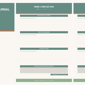 Könnte beinhalten: Ein wöchentliches Reflexionstagebuch in Salbeigrün und Creme. Das Cover trägt den Text 'WEEKLY REFLECTION JOURNAL' und 'End Every Week With Intention'. Die Innenseiten enthalten Abschnitte für Reflexionen der Woche 3 und Woche 7 mit Aufforderungen.