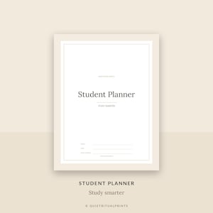 Könnte beinhalten: Ein weißes Deckblatt für einen Studentenplaner mit dünnem Rand, das den Text Quiet Ritual Prints, Student Planner, Study Smarter sowie Zeilen für Name, Date und Date Started in einer klaren, zentrierten und schlichten schwarzen Schrift zeigt.