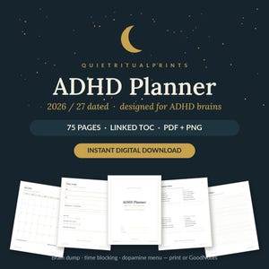 ADHD Planner 2026 Printable & GoodNotes | Adult ADHD Daily Planner Brain Dump Time Blocking Dopamine Menu | Dated + Undated PDF