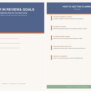 Könnte beinhalten: Ein zweiseitiges Planer-Layout mit einer blauen Kopfzeile mit dem Titel YEAR IN REVIEW & GOALS und einer zweiten Seite mit dem Titel HOW TO USE THIS PLANNER. Die Seiten haben weiße Hintergründe, orangefarbene Akzentlinien und Textfelder.