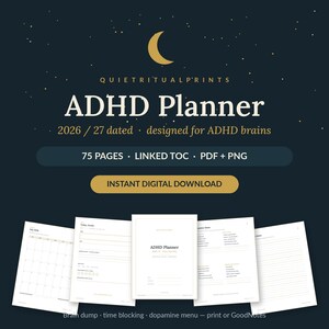ADHD Planner 2026 Printable & GoodNotes | Adult ADHD Daily Planner Brain Dump Time Blocking Dopamine Menu | Dated + Undated PDF
