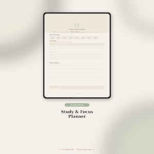 Könnte beinhalten: Eine digitale Study & Focus Planner Vorlage auf einem Tablet-Bildschirm. Das Layout zeigt einen beigen Hintergrund mit schwarzem Text, einschließlich Abschnitten für Datum, Thema, Projekt, Lernsitzungen, Aufgabenlisten und Schlüsselkonzepte zur Organisation.