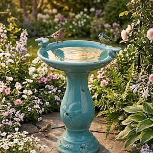 May include: A turquoise ceramic birdbath with a pedestal base featuring embossed bird motifs. The basin has two small bird figurines perched on the rim, and the central column displays a relief of a bird in flight, with a glossy, weathered finish.