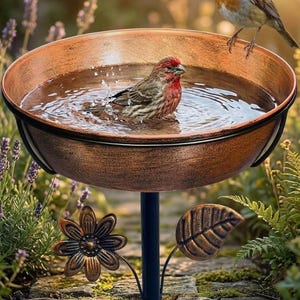 May include: A copper-colored metal birdbath bowl with a dark central stand, featuring decorative metal flower and leaf accents on the stem. The bowl is filled with water, containing a small brown and red bird, while a robin perches on the rim.