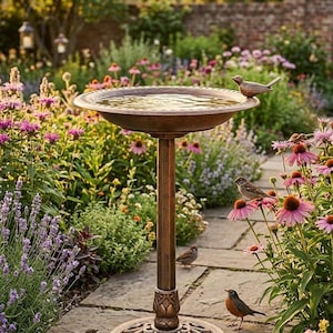 May include: A bronze-colored birdbath featuring a circular basin with a decorative rim, a slender central pedestal, and an ornate, wide base. A small bird figurine is attached to the edge of the basin, which is filled with water.