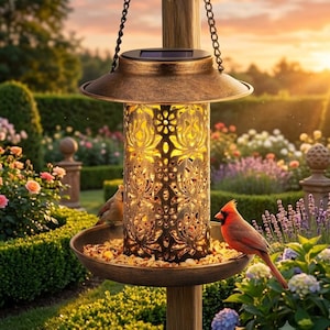 May include: A hanging bird feeder with a bronze-colored metal finish and a cylindrical body featuring intricate floral cutouts. The feeder has a circular tray filled with seeds, a solar-powered top, and is illuminated from within by a warm light.