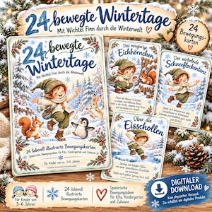 May include: A set of 24 illustrated activity cards titled 24 bewegte Wintertage featuring a gnome character named Finn in a snowy landscape with animals. The cards include text instructions for movement games for children, presented in a box set with a digital download option.