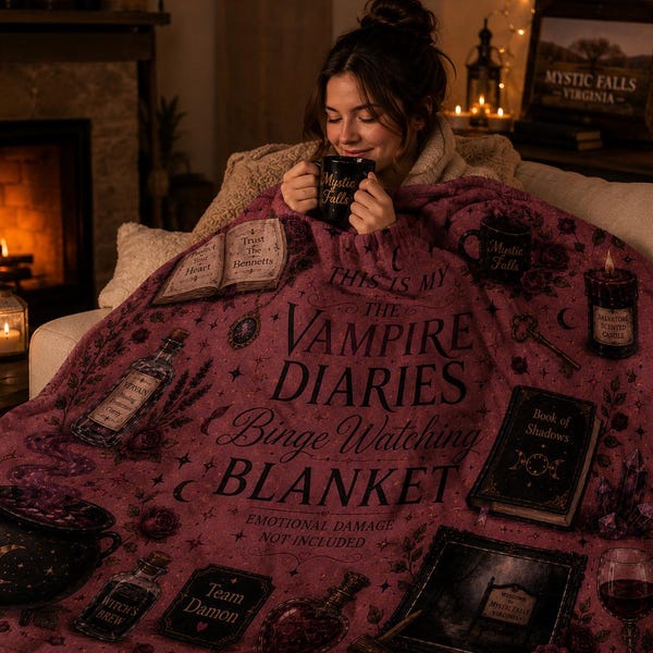 Vampire Diaries deken voor bingewatchen, plaid fluwelen plaid, op TVD geïnspireerd cadeau, decor Mystic Falls, gezellige waaierdeken