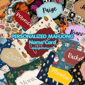 May include: A collection of personalized Mahjong name cards featuring various colorful patterns including holiday, floral, and food themes. Each card displays a unique name in a decorative frame with the text PERSONALIZED MAHJONG Name Card MidnightPatternCo.