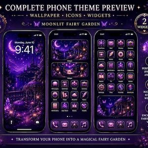 Könnte beinhalten: Ein digitales Handy-Themenset mit dem Titel Moonlit Fairy Garden, bestehend aus drei Smartphone-Bildschirmen mit violetten Hintergrundbildern, zwanzig App-Symbolen und zwei Widgets. Das Design zeigt leuchtende Laternen, Mondsicheln und Schmetterlinge.
