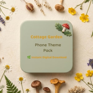 May include: A square sage green digital file cover featuring a small red and white mushroom with green leaves in the top right corner. The text reads Cottage Garden Phone Theme Pack and Instant Digital Download with a small green leaf icon.