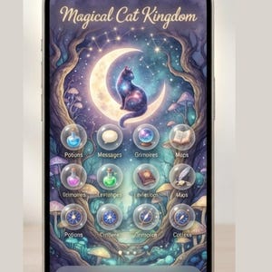 Può includere: Uno smartphone con un tema Magical Cat Kingdom che mostra uno sfondo con una luna crescente e un gatto galattico. Lo schermo presenta dodici icone circolari per le app e cinque icone di gatti al neon nel dock inferiore.