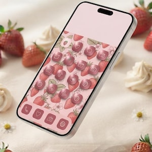 May include: A smartphone displaying a custom digital interface with a strawberry and floral pattern background. The screen features a grid of rounded square icons in shades of pink and red, each containing a unique white line-art symbol.