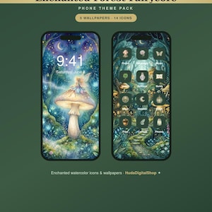 Peut inclure: Un pack de thèmes pour téléphone intitulé Enchanted Forest Fairycore, comprenant 5 fonds d'écran et 14 icônes. Deux écrans de smartphone affichent un arrière-plan de forêt vert foncé avec des champignons, une fée et des éléments lumineux.