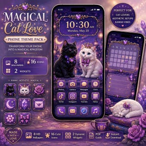 Pacchetto di temi per telefono "Amore magico per i gatti" / Sfondi, icone e widget per app a tema gatti fantasy / Tema viola celeste per iOS e Android