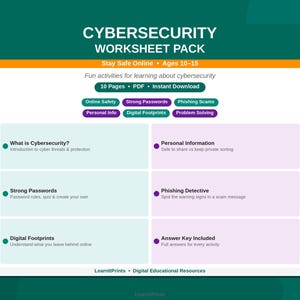 May include: A digital cybersecurity worksheet pack for ages 10-15, featuring 10 pages of activities including online safety, strong passwords, phishing scams, personal info, and digital footprints, with an answer key included in a PDF format.
