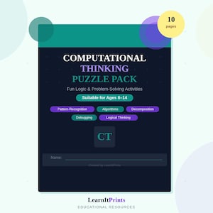 Può includere: Un pacchetto di puzzle di pensiero computazionale di 10 pagine con attività di logica e risoluzione di problemi per bambini dagli 8 ai 14 anni. La copertina blu scuro include etichette per riconoscimento di schemi, algoritmi, scomposizione e debug.