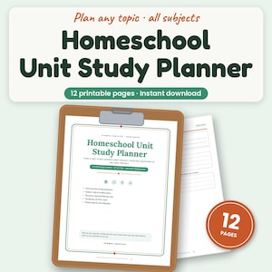 May include: A Homeschool Unit Study Planner with 12 printable pages. The document features a clipboard holding a cover sheet with the title, subheadings, and icons. Surrounding the planner are small illustrations of a globe, pencil, books, pushpin, microscope, and star.