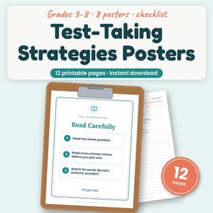 May include: A set of 12 printable pages featuring Test-Taking Strategies Posters for grades 3-8. The main document on a clipboard displays the text Read Carefully with three numbered steps. Includes icons of a star, book, brain, checkmark, pencil, and heart.