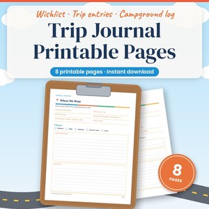 May include: A set of eight printable trip journal pages on a clipboard. The header text reads Trip Journal Printable Pages, Wishlist, Trip entries, Campground log. The form includes fields for Where We Went, trip type, and lined sections for notes.