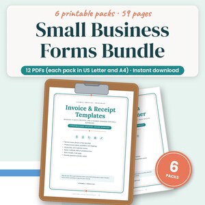 May include: A digital bundle of 6 printable packs containing 59 pages of small business forms, including invoice and receipt templates. The set features 12 PDFs available in US Letter and A4 sizes, presented with a brown clipboard and icons.