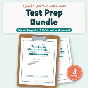 Pacchetto di materiali stampabili per la preparazione ai test, poster con strategie per affrontare i test, biglietti di incoraggiamento per i test, etichette per dolcetti, strumento di monitoraggio dei dati degli studenti, PDF