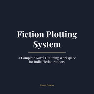Może przedstawiać: Ciemnogranatowa grafika cyfrowa z białym napisem Fiction Plotting System, po którym następuje cienka złota pozioma linia, podtytuł A Complete Novel Outlining Workspace for Indie Fiction Authors oraz nazwa marki Stowell Creative.