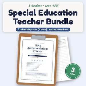 May include: A brown clipboard holding a document titled IEP & Accommodations Tracker, surrounded by icons of a clipboard, target, speech bubble, star, bar chart, and file folder. The header text reads Special Education Teacher Bundle.