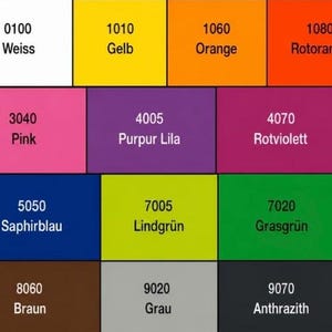 Puede incluir: Una tabla de colores con veinte rect&aacute;ngulos dispuestos en cuatro filas. Cada recuadro muestra un c&oacute;digo de cuatro d&iacute;gitos y un nombre de color en alem&aacute;n, incluyendo negro, blanco, amarillo, naranja, rojo, rosa, morado, azul, verde, marr&oacute;n y gris.
