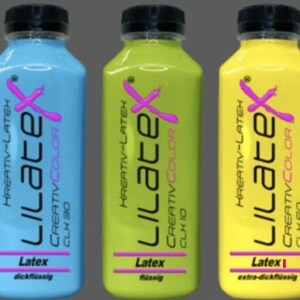 Puede incluir: Tres botellas de pl&aacute;stico que contienen l&aacute;tex l&iacute;quido en azul claro, verde lima y amarillo brillante. Cada botella tiene una tapa negra y una etiqueta con el texto Kreativ-Latex Lilatex Creativcolor, junto con etiquetas de consistencia del producto.