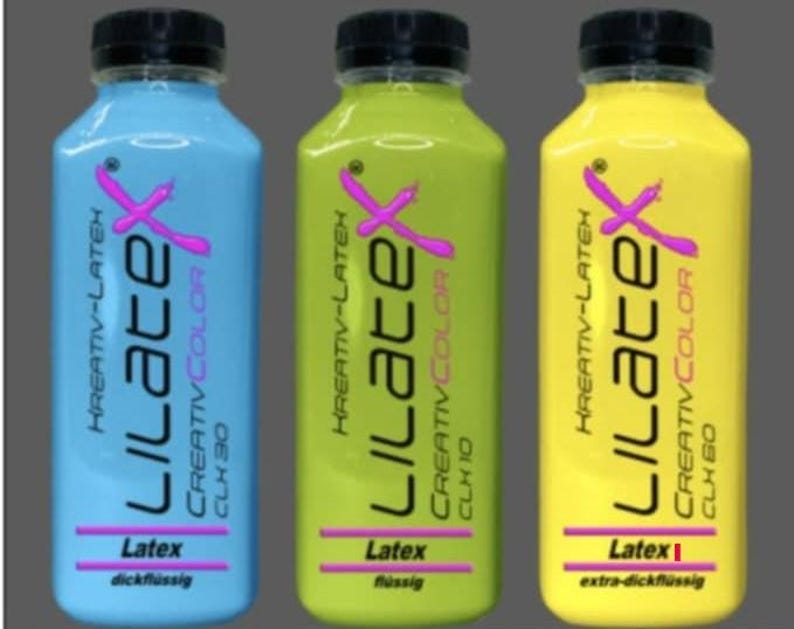 Puede incluir: Tres botellas de pl&aacute;stico que contienen l&aacute;tex l&iacute;quido en azul claro, verde lima y amarillo brillante. Cada botella tiene una tapa negra y una etiqueta con el texto Kreativ-Latex Lilatex Creativcolor, junto con etiquetas de consistencia del producto.