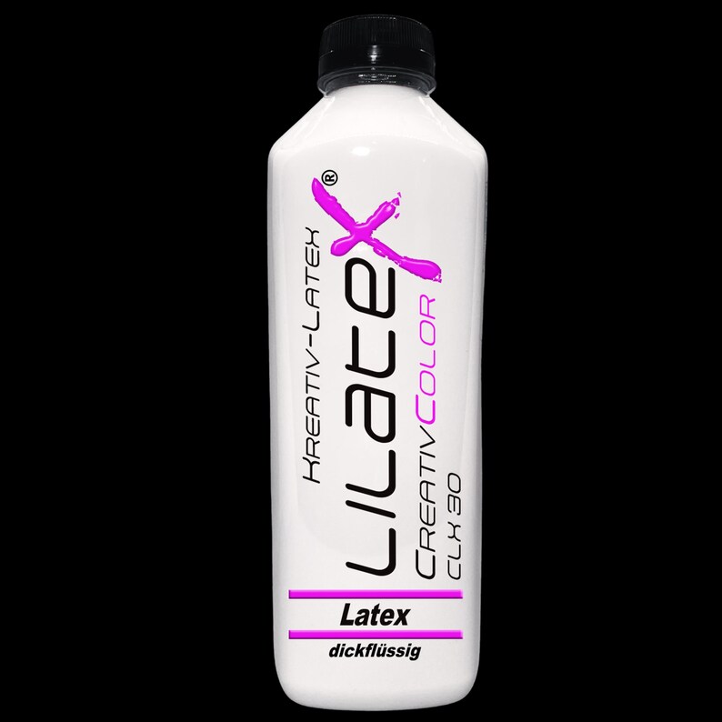Puede incluir: Una botella de pl&aacute;stico blanco con tap&oacute;n de rosca negro que contiene l&aacute;tex l&iacute;quido. La etiqueta muestra el texto KREATIV-LATEX, LILATEX, CREATIVCOLOR, CLX 30, Latex y dickfl&uuml;ssig, con un elemento gr&aacute;fico de color rosa brillante sobre la marca.