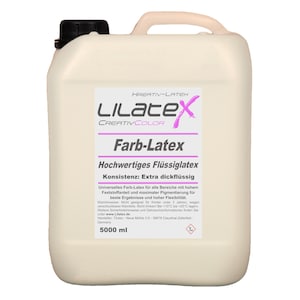 Puede incluir: Un bid&oacute;n de pl&aacute;stico beige de 5000 ml con tap&oacute;n de rosca negro y asa superior. La etiqueta presenta el texto LILATEX, Kreativ-Latex, Farb-Latex, Hochwertiges Fl&uuml;ssiglatex y Konsistenz: Extra dickfl&uuml;ssig, junto con texto adicional en alem&aacute;n.
