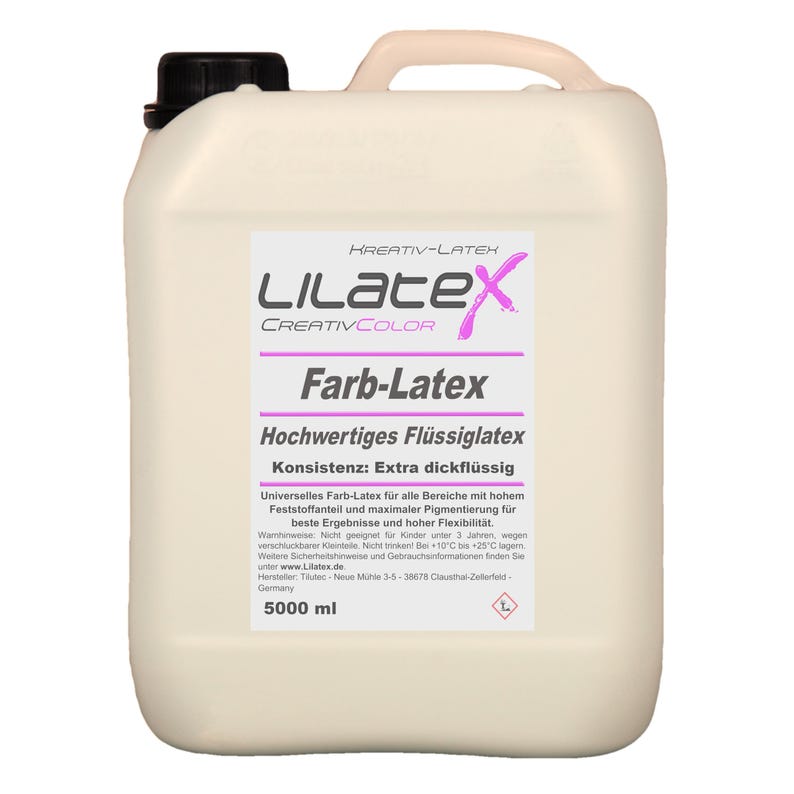 Puede incluir: Un bid&oacute;n de pl&aacute;stico beige de 5000 ml con tap&oacute;n de rosca negro y asa superior. La etiqueta presenta el texto LILATEX, Kreativ-Latex, Farb-Latex, Hochwertiges Fl&uuml;ssiglatex y Konsistenz: Extra dickfl&uuml;ssig, junto con texto adicional en alem&aacute;n.